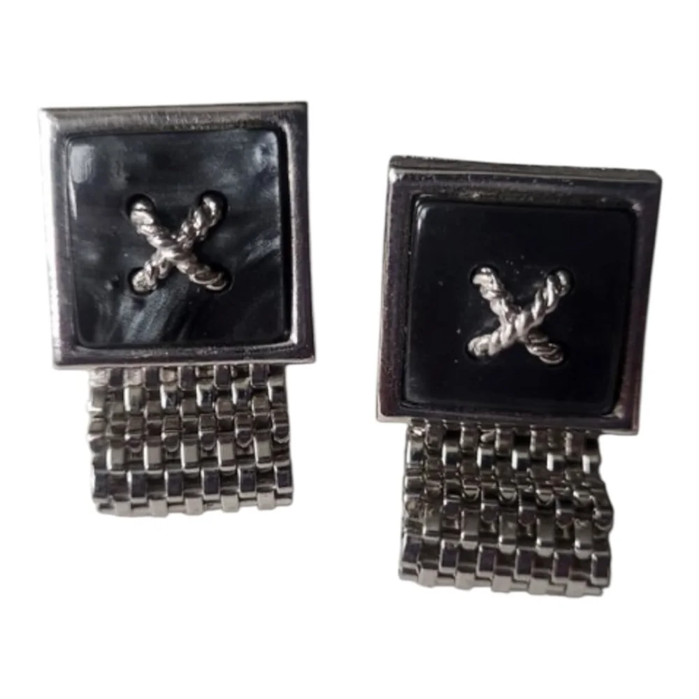 Black Marbled Silver Tone Mesh Chain Cuff Links One Size (11/16 approximate)